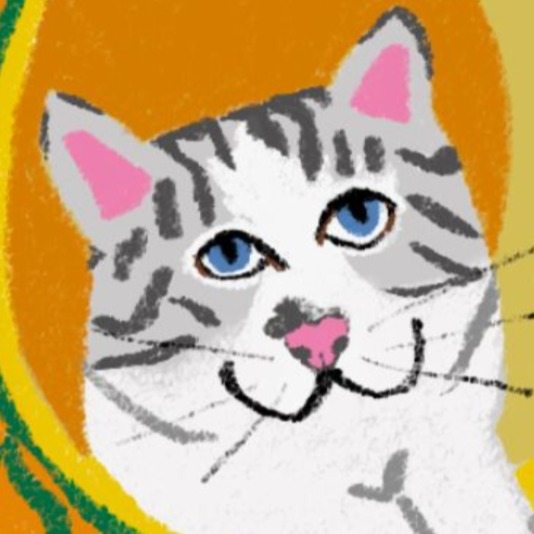 Crayon drawing of Reggie, a grey tabby cat with blue eyes